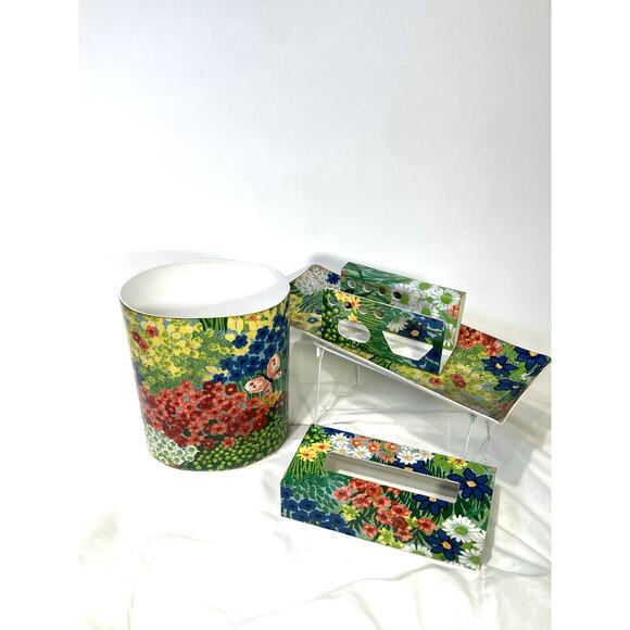 Vintage Floral Butterfly Bathroom Set – Wastebasket Tissue Box Vanity Tray